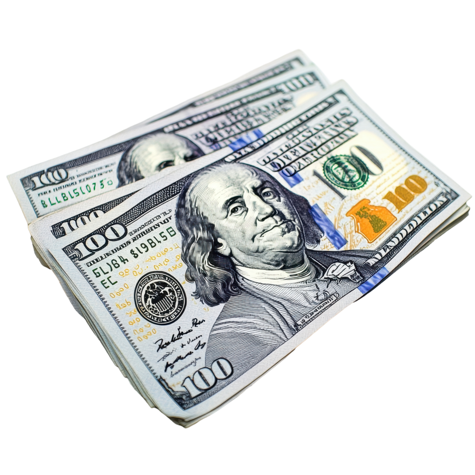 Stacks of one hundred dollar bills on a Transparent background providing a classic financial theme, one hundred dollar bills, background png