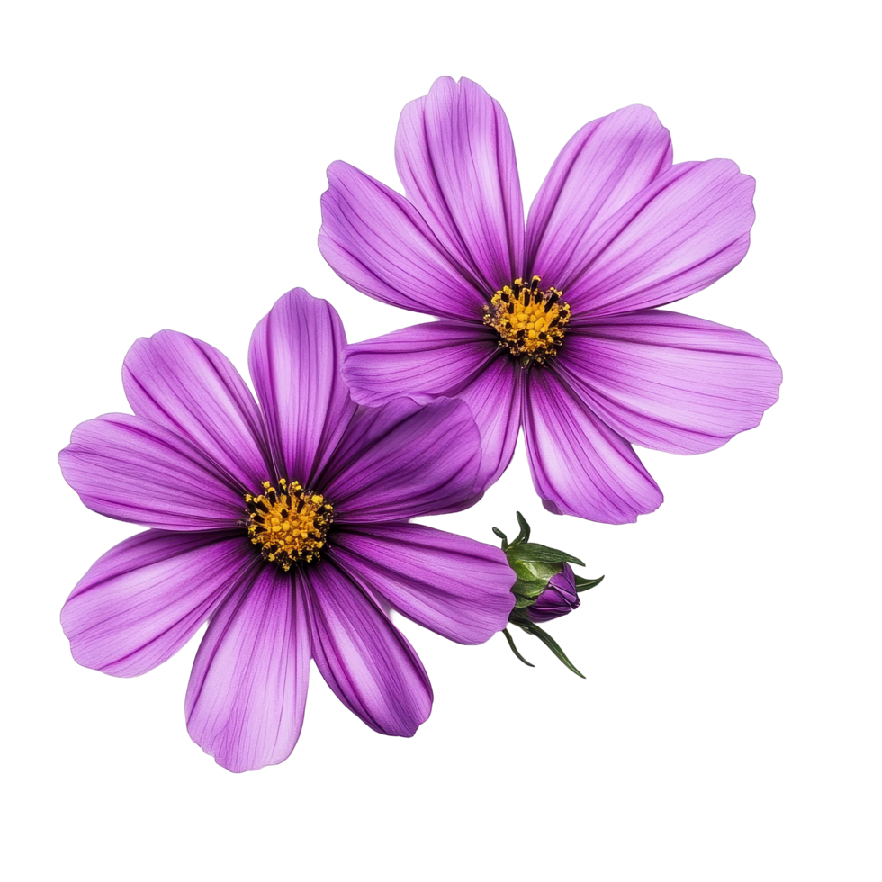 Beautiful purple flowers with vibrant petals and yellow centers isolated on a clean Transparent background, Purple flowers isolated on background png