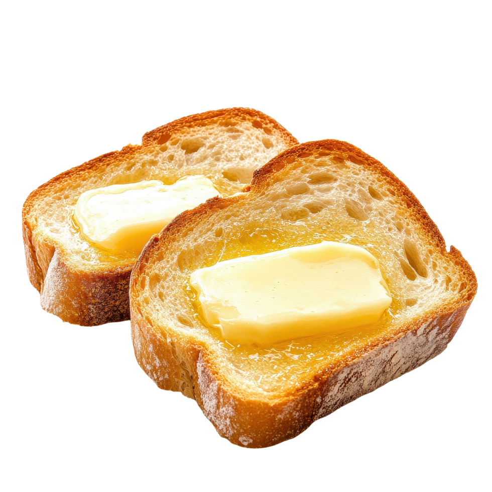 Toasted bread topped with melted butter on a clean Transparent background ready for breakfast or snack time, Toasted Bread with Melted Butter on background png