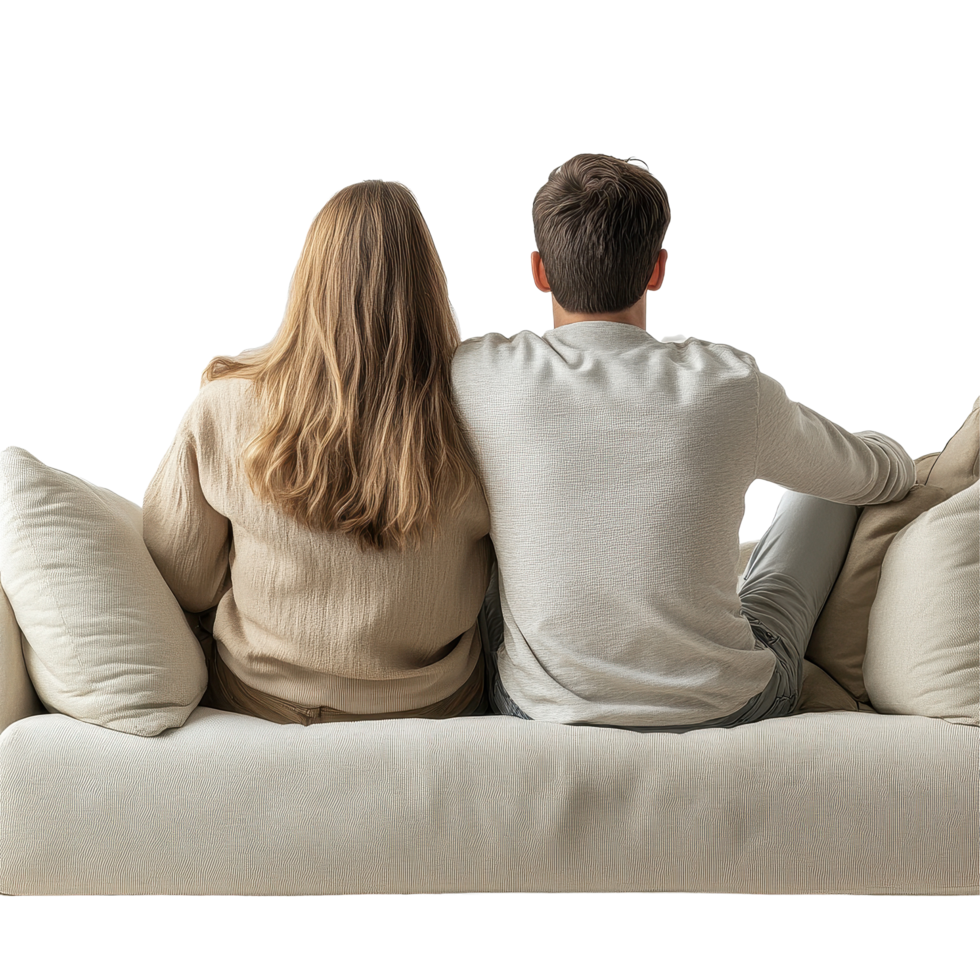 Couple relaxing together on a cozy couch while enjoying a moment of connection against a Transparent background, Couple sitting on couch, back view,isolated on white png