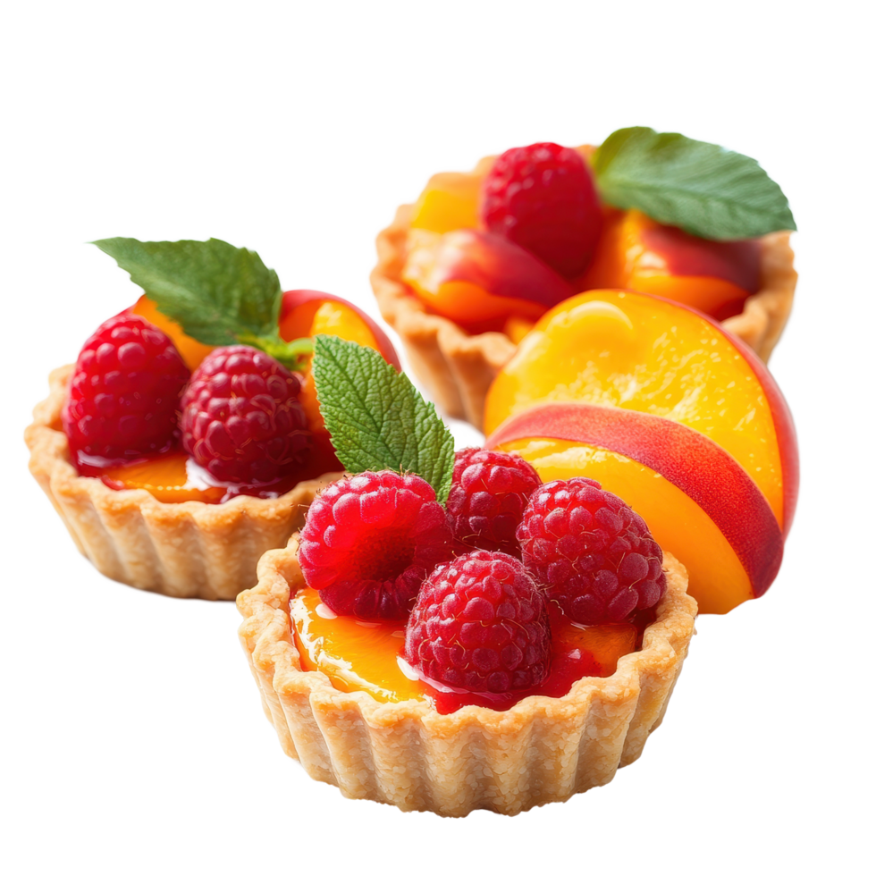 Gourmet tarts topped with strawberries, peaches, and raspberries showcasing vibrant colors and fresh ingredients, Gourmet Tarts with Strawberries, Peaches, and Raspberries on white background png