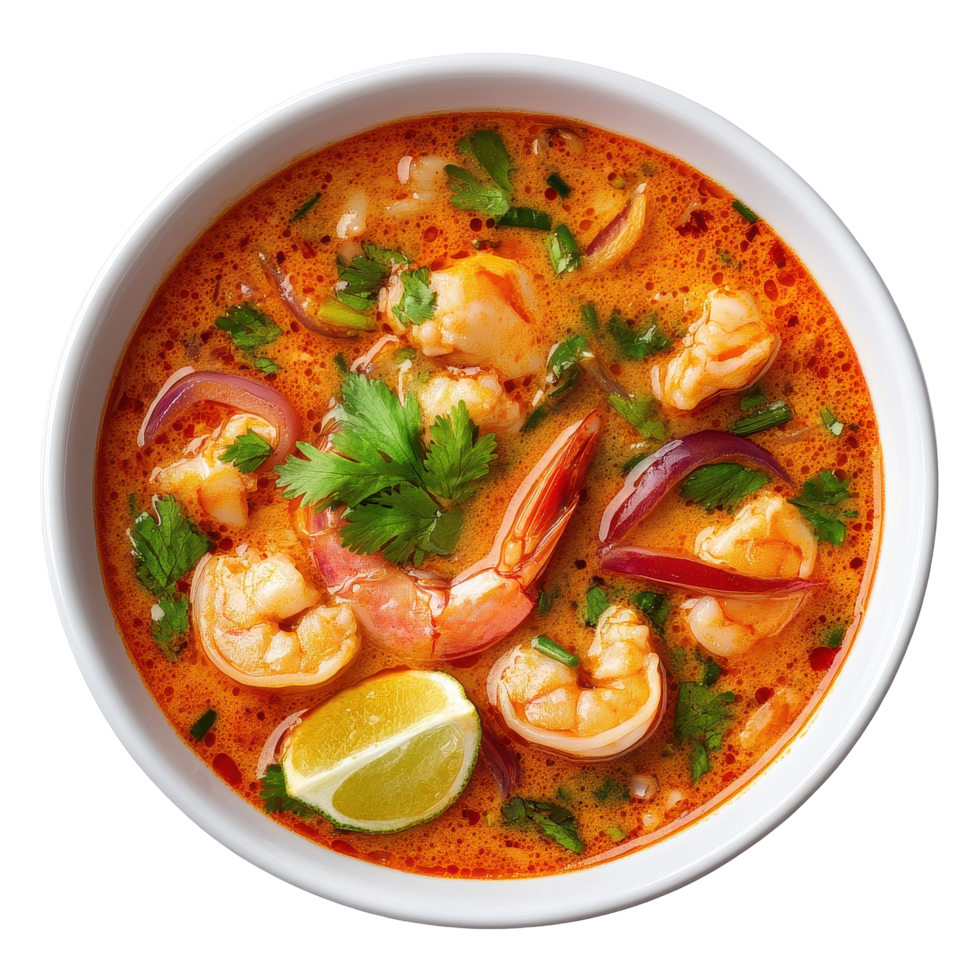 Spicy Tom Yam Kung soup with shrimp and fresh herbs served in a bowl on Transparent background, Tom Yam Kung Thai cuisine isolated on background png