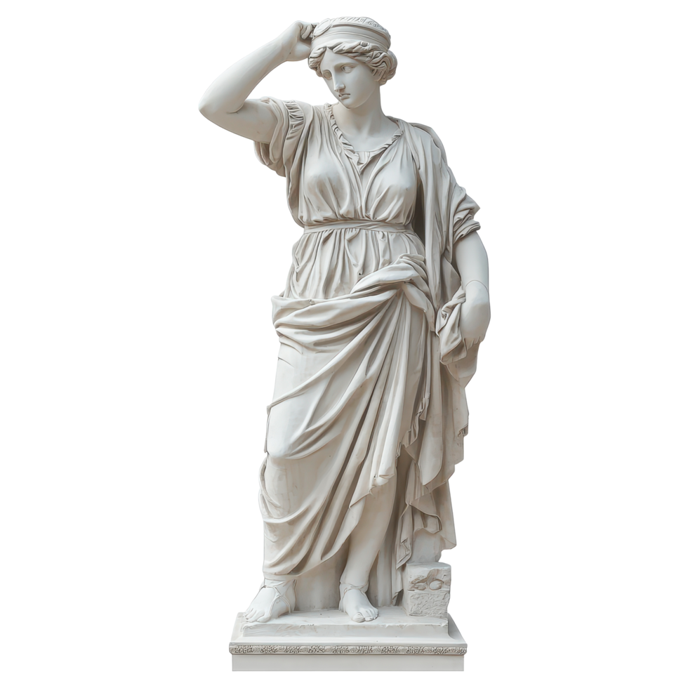 Gypsum statue of a classical figure in flowing drapery with hand on forehead, Gypsum statue statue plaster copy isolated on white and white background Ancient Greek sculpture, white background png