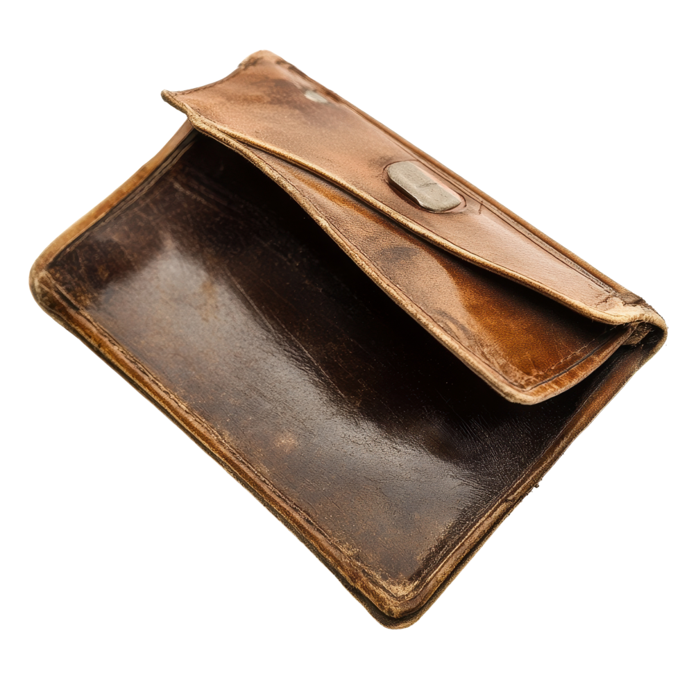 Empty wallet placed on a white background revealing worn leather texture and interior space, Empty Wallet, white background png