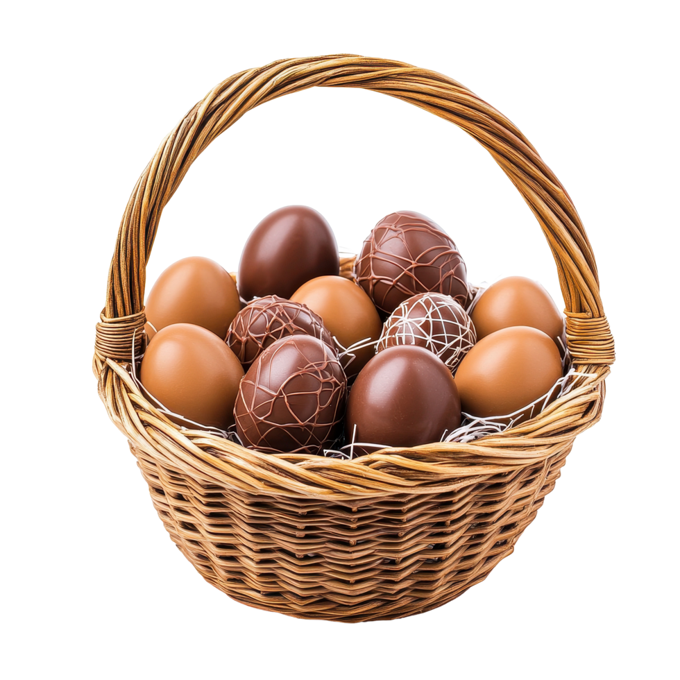 Delightful chocolate Easter egg gift basket with assorted treats on white background, Chocolate Easter Egg Gift in Basket Isolated on white background png