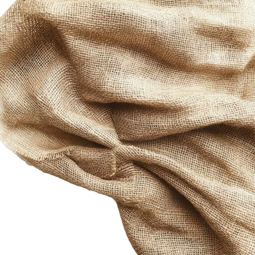 Bundle of beige burlap fabric showcasing a textured surface ideal for crafting and home decor projects, This is a bundle beige burlap fabric with visible texture displayed on a plain background png