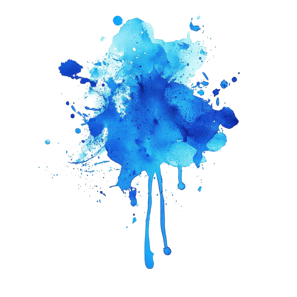Blue paint splatter on white background creating an artistic splash effect, Blue stains isolated on white background png