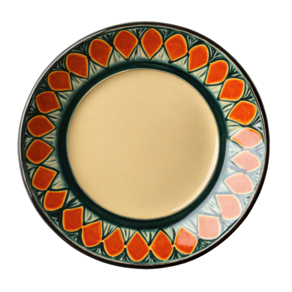 Retro ceramic plate featuring vibrant orange and green design on a Transparent background, retro ceramic plate isolated on background png