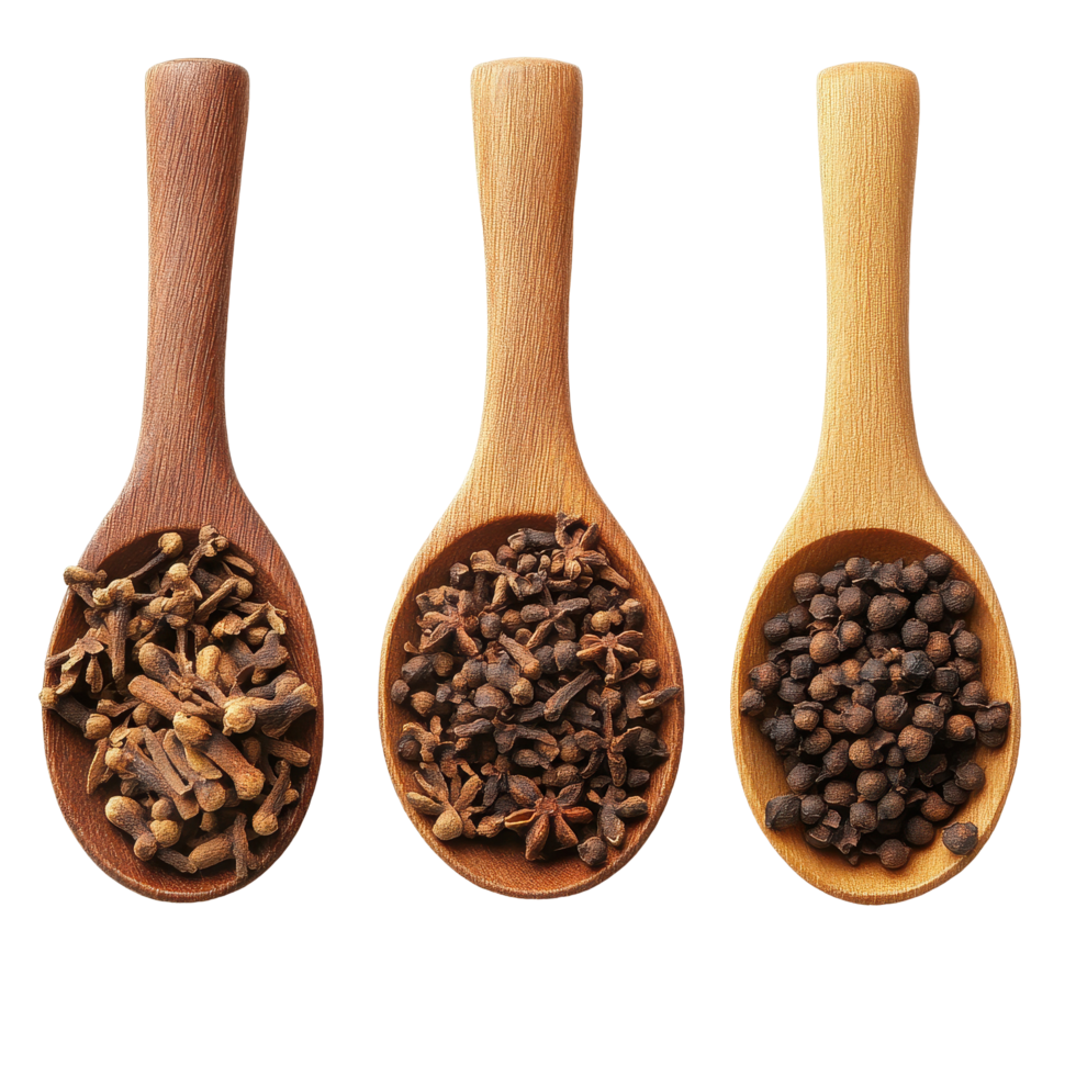 Cloves spices in wooden spoons on Transparent background showcasing their texture and color, cloves spices in spoonisolated on background png