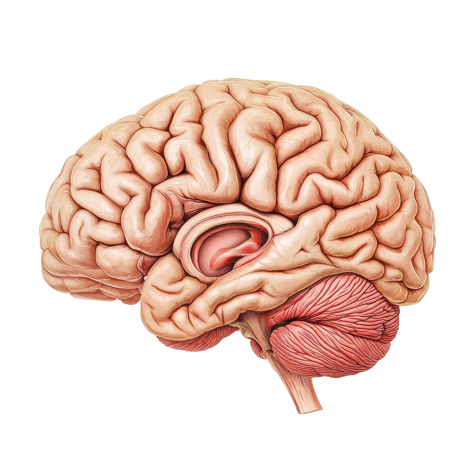 Detailed anatomical representation of a realistic human brain showcasing its complex structure, Medical realistic Human Brain with Detailed Anatomy, Transparent background png