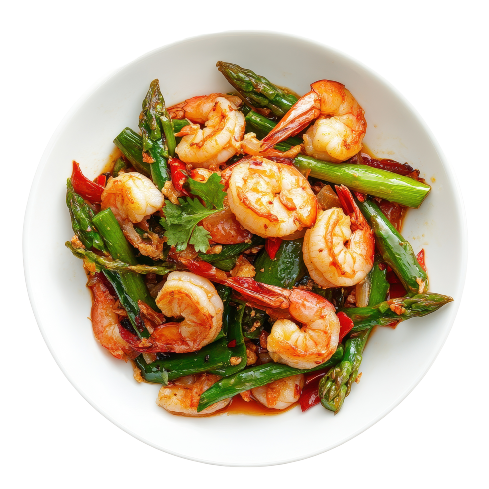 Delicious asparagus stir fried with prawns showcasing vibrant colors and textures, thai food , Asparagus stir fried with prawns isolated on Transparent background png