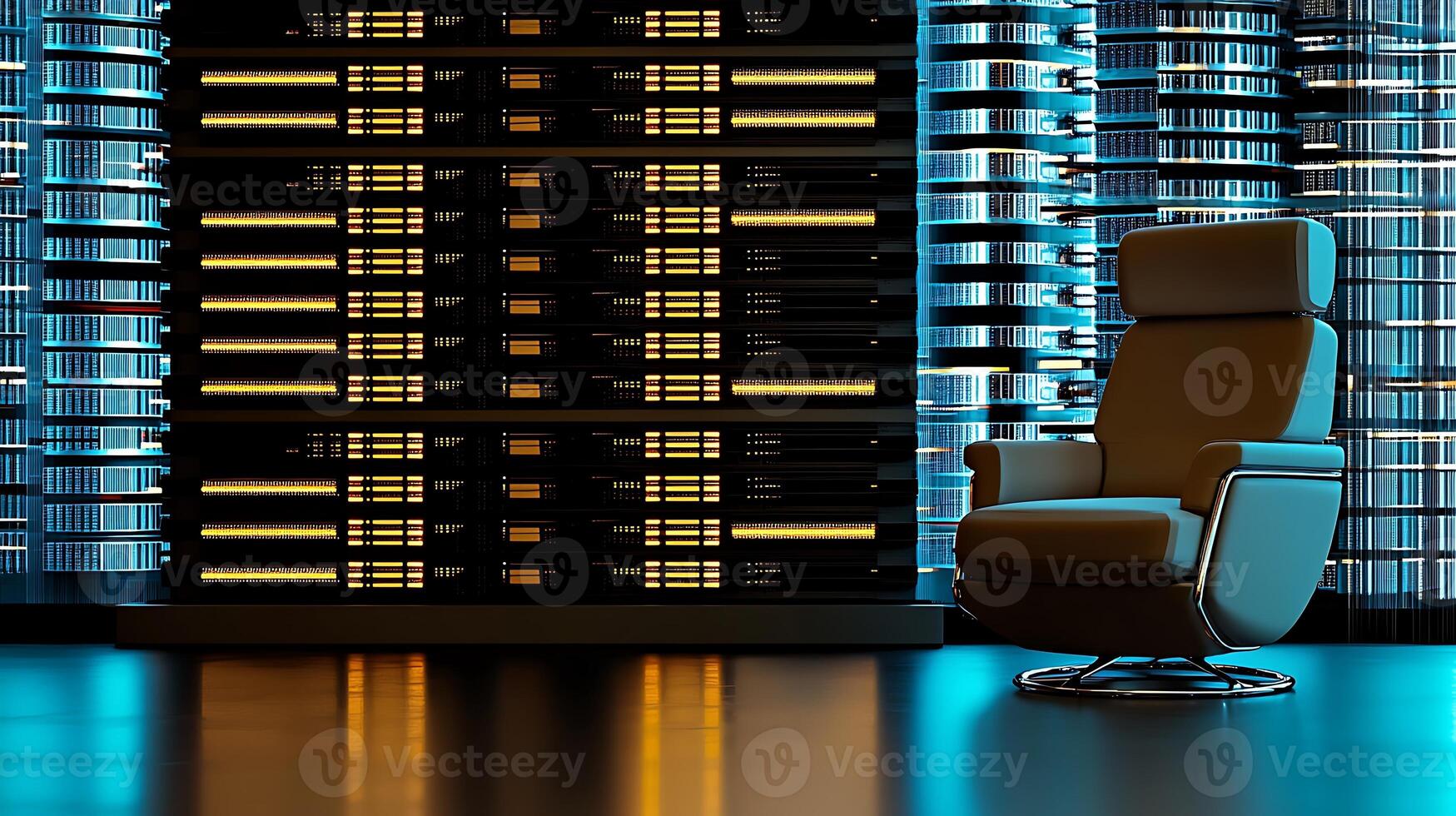 Modern ergonomic chair in a high-tech server room illuminated by blue and yellow lights photo