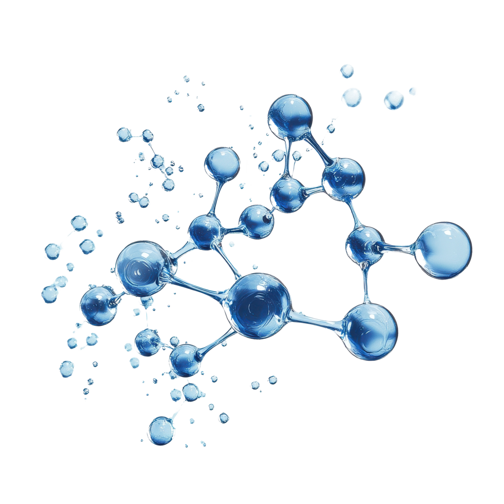 Molecule structure with water bubbles on a Transparent background highlighting scientific concepts, Molecule and water bubble background png