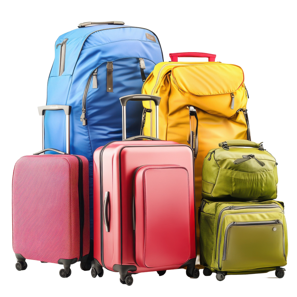 Colorful assortment of luggage ready for travel at any destination, Luggage consisting large suitcases rucksacks and travel bag isolated on white png