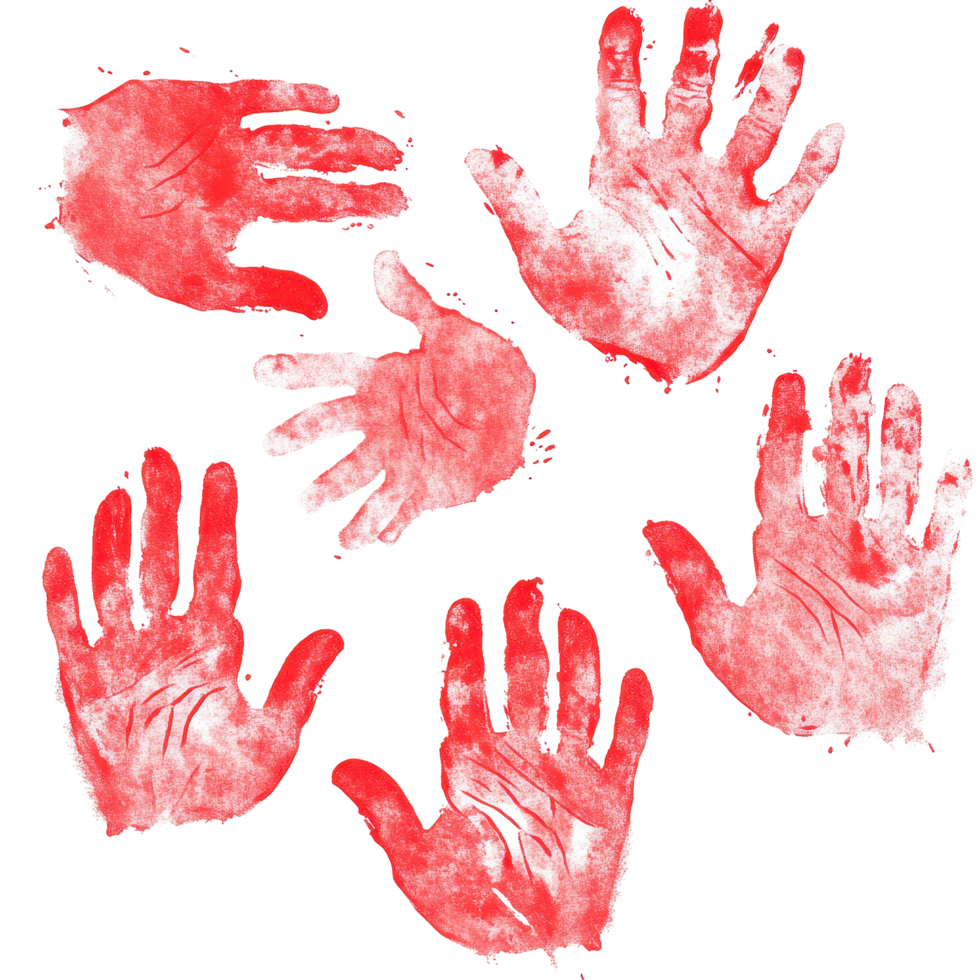 Red handprints on a Transparent background showcasing creativity and expression in art, Red Handprints isolated on background png