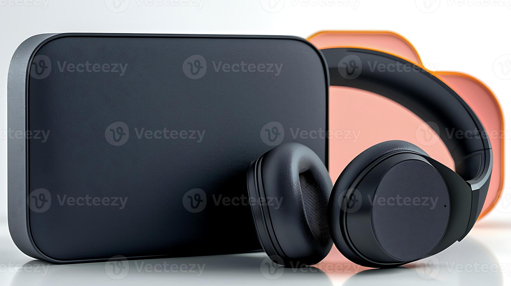 Sleek wireless headphones resting beside a minimalist charging case on a modern backdrop photo