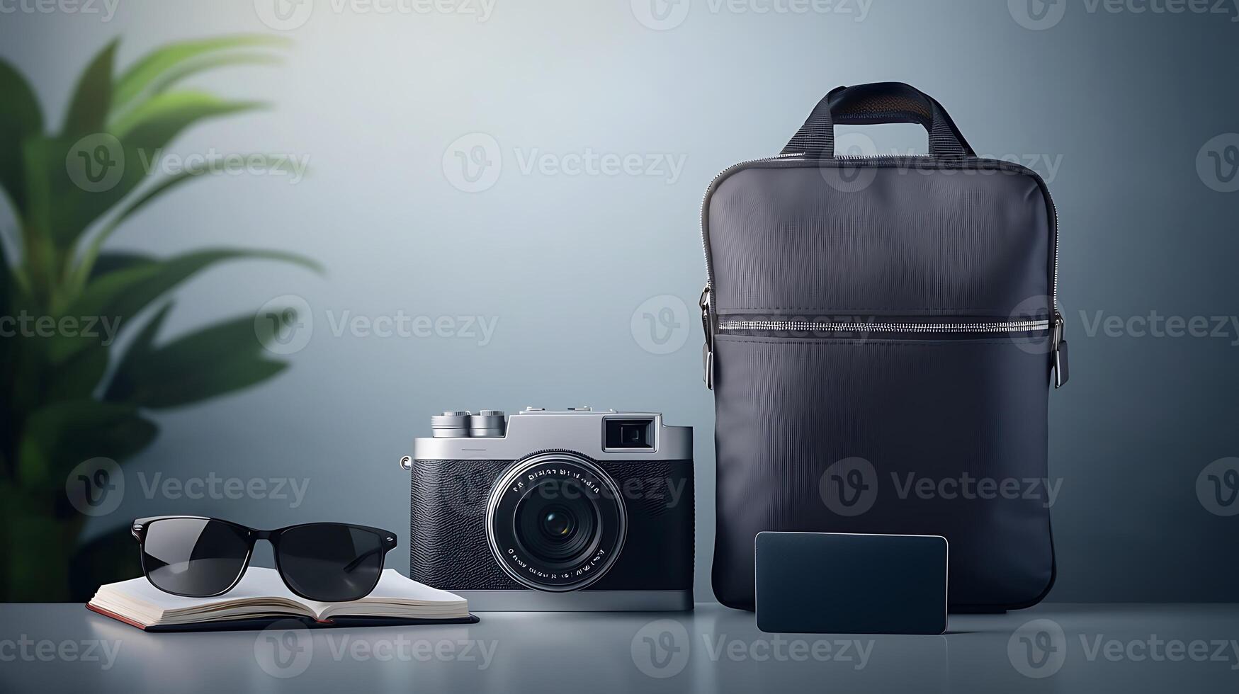 Stylish travel setup featuring a camera, sunglasses, notebook, and bag on a minimalistic desk photo