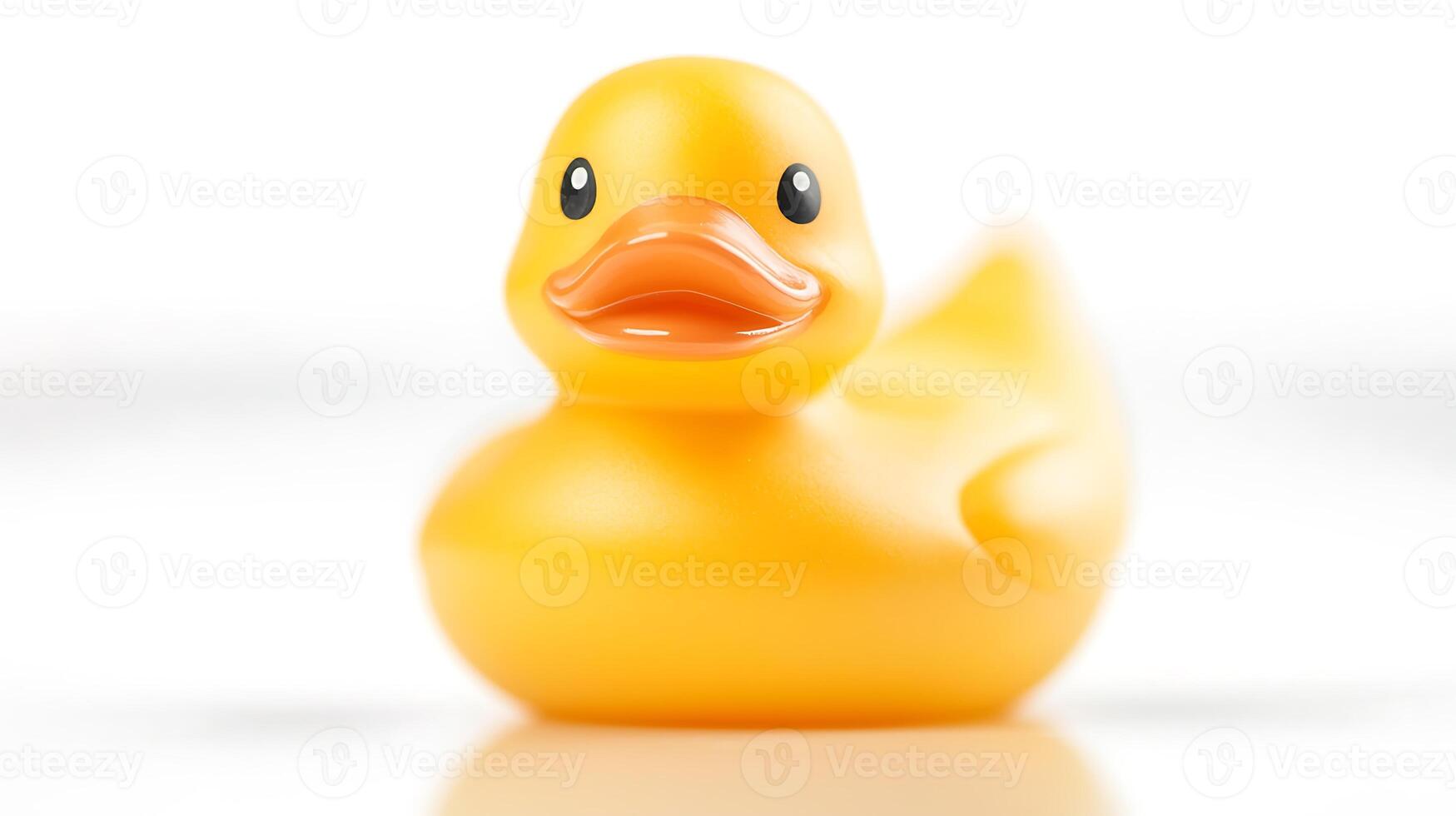 A close-up view of a bright yellow rubber duck against a soft white background, evoking nostalgia photo