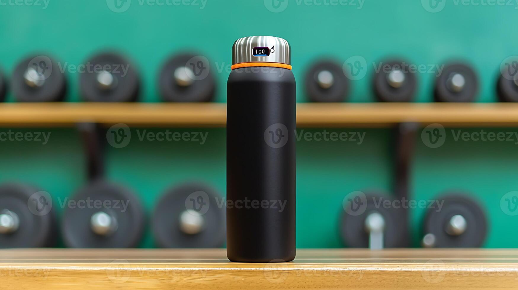 Sleek black water bottle on wooden shelf in gym, with dumbbells in the blurred background photo