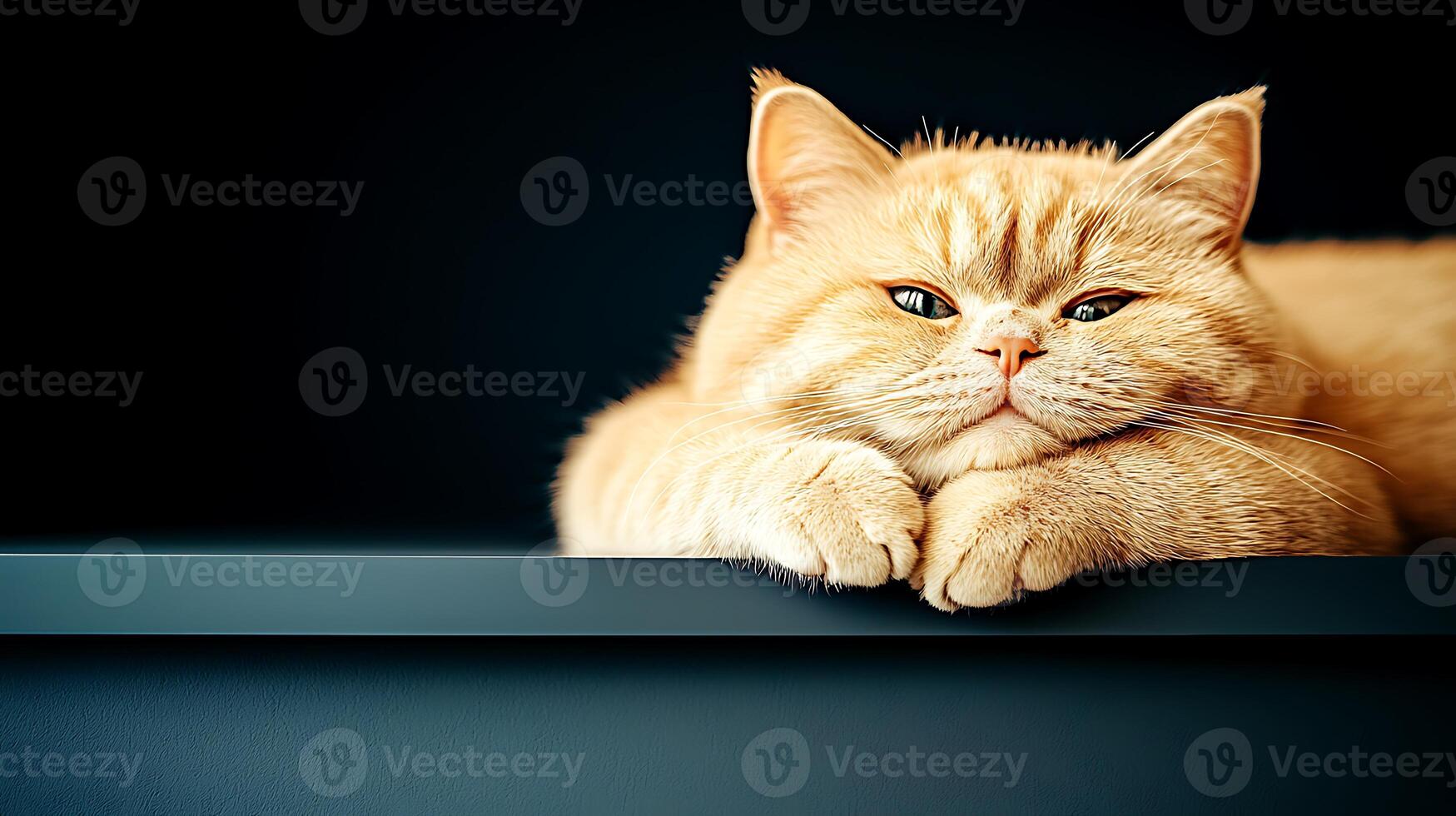 Relaxed ginger cat lounging on a shelf with a soft focus background creating a cozy atmosphere photo