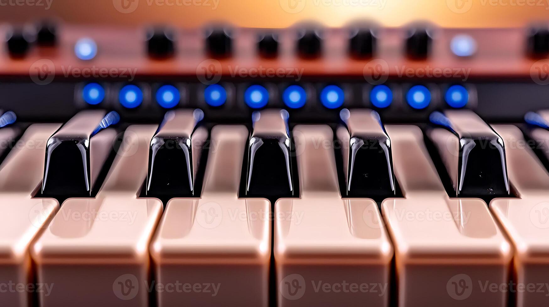 Close-up of piano keys with illuminated controls, showcasing musical creativity and ambiance photo