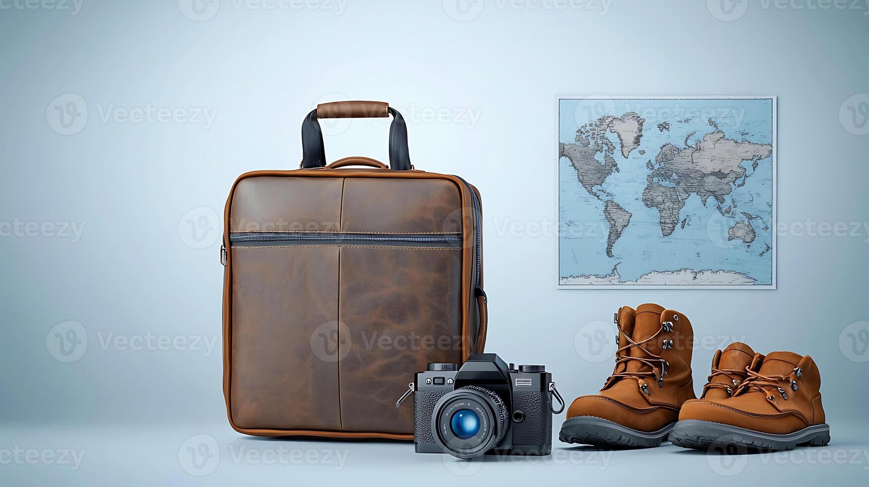 Stylish travel setup featuring a brown leather bag, camera, hiking boots, and a world map photo