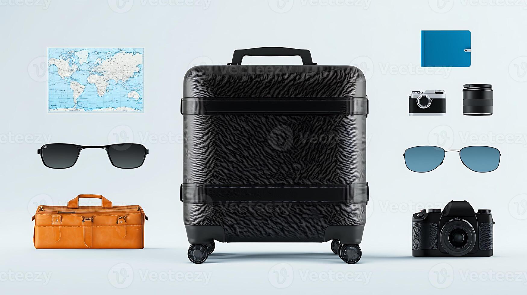 Stylish black suitcase surrounded by travel essentials like sunglasses, camera, and map photo