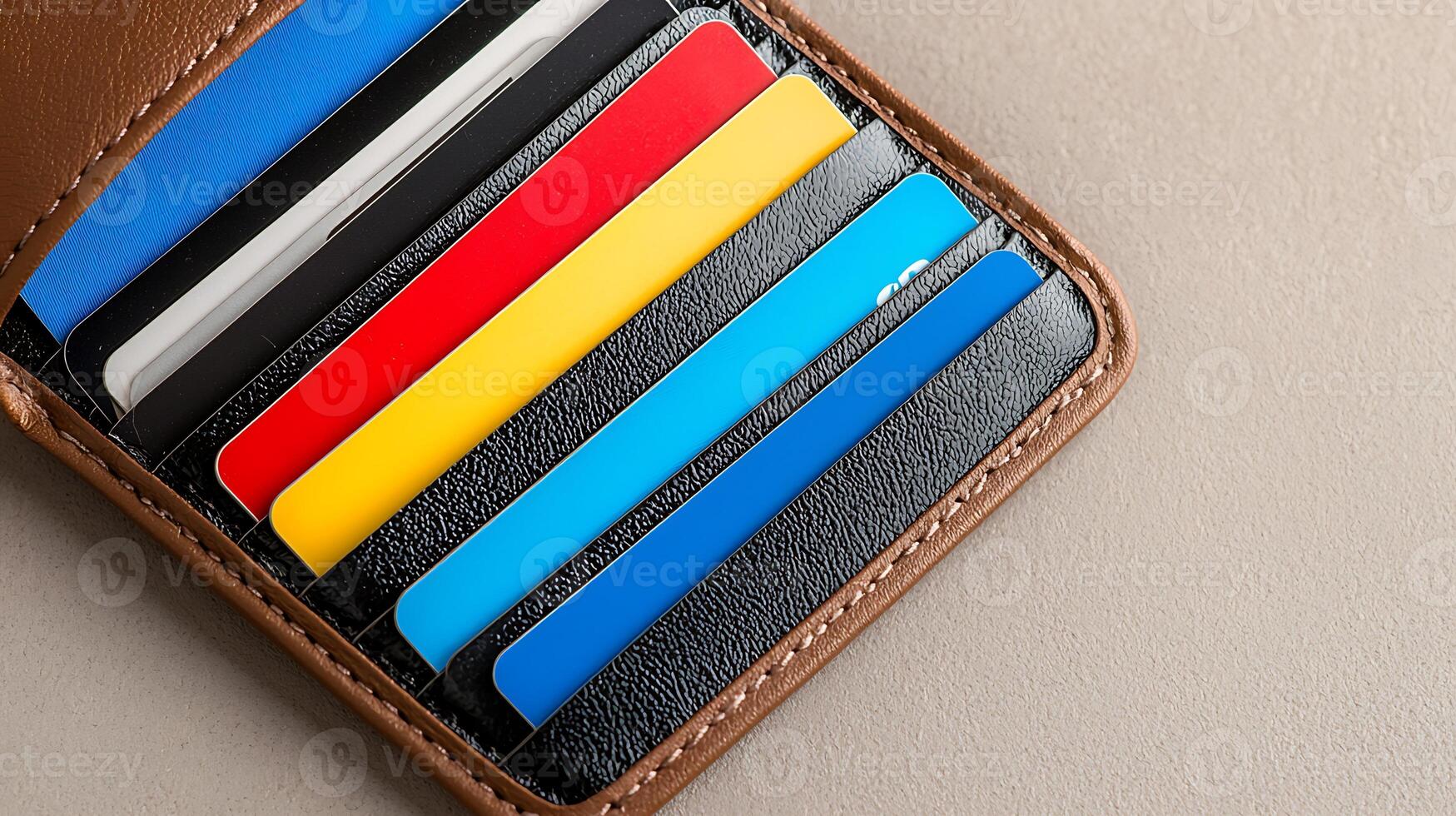 Close-up of a stylish wallet displaying various credit cards arranged in vibrant colors photo