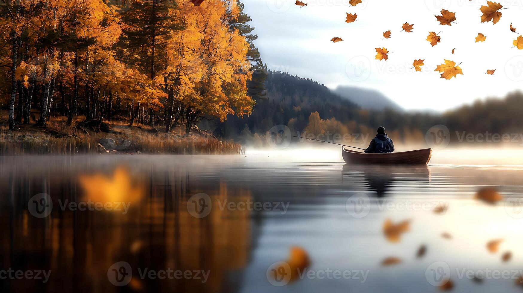 Serene autumn scene with a person in a canoe on a tranquil lake surrounded by colorful foliage photo