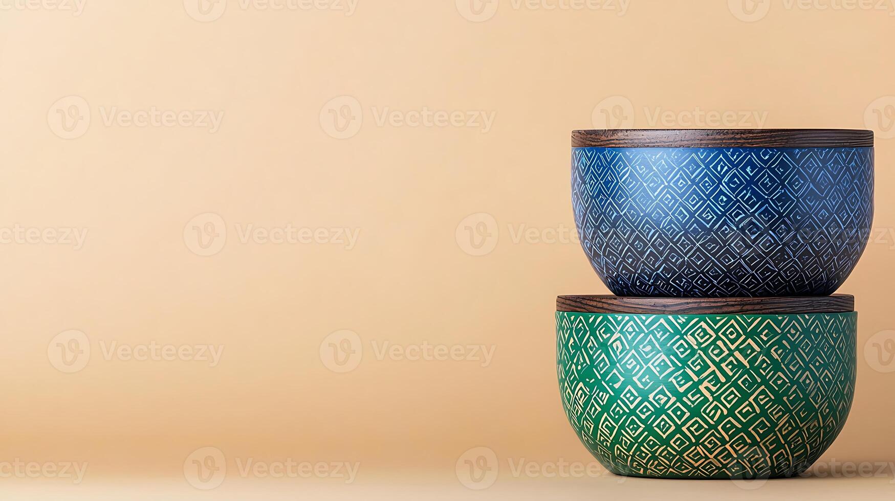 Stacked colorful bowls on a soft beige background, showcasing intricate patterns and textures photo