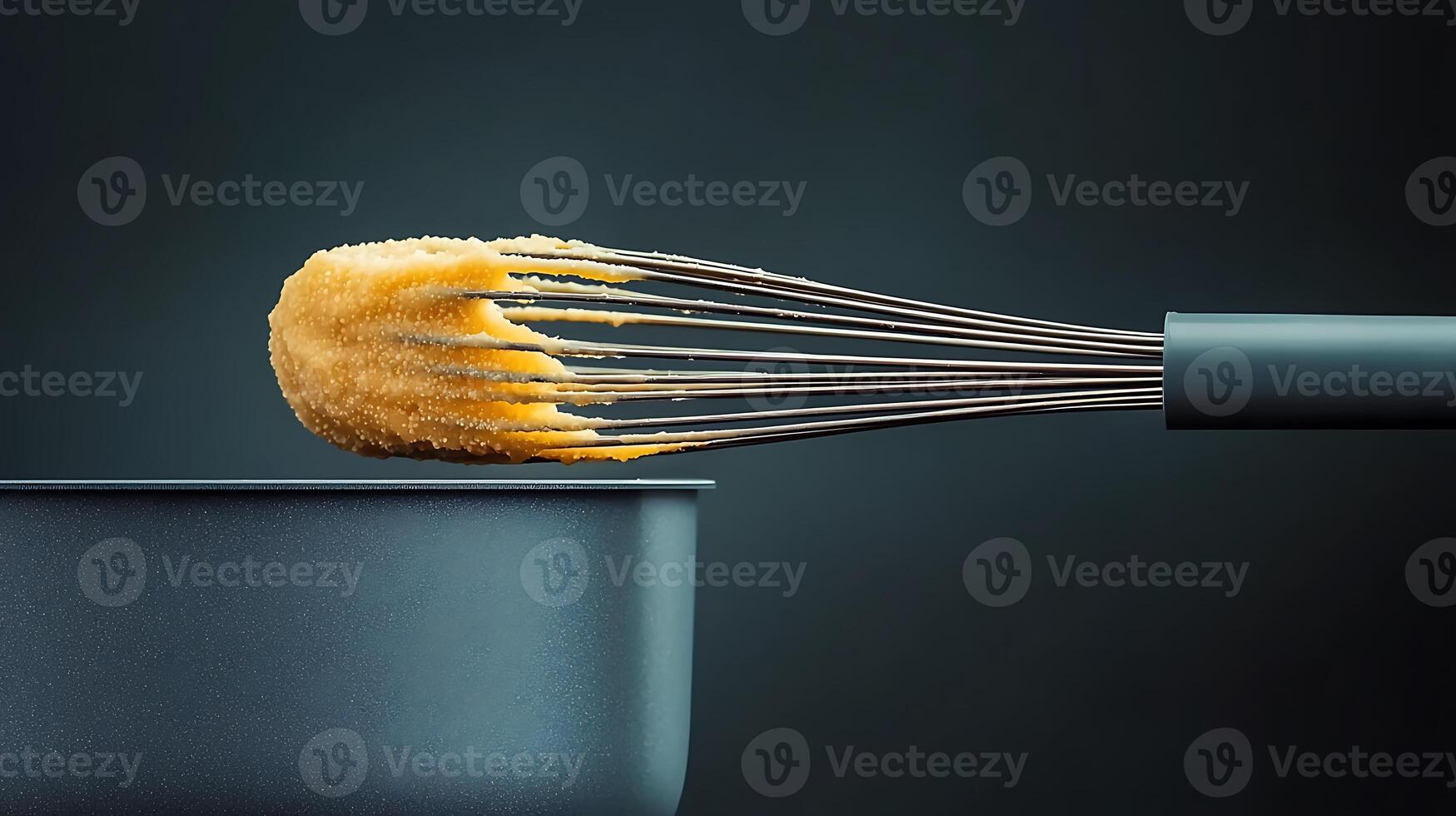 Close-up of a whisk mixing a golden batter in a dark kitchen setting with a minimalist design photo