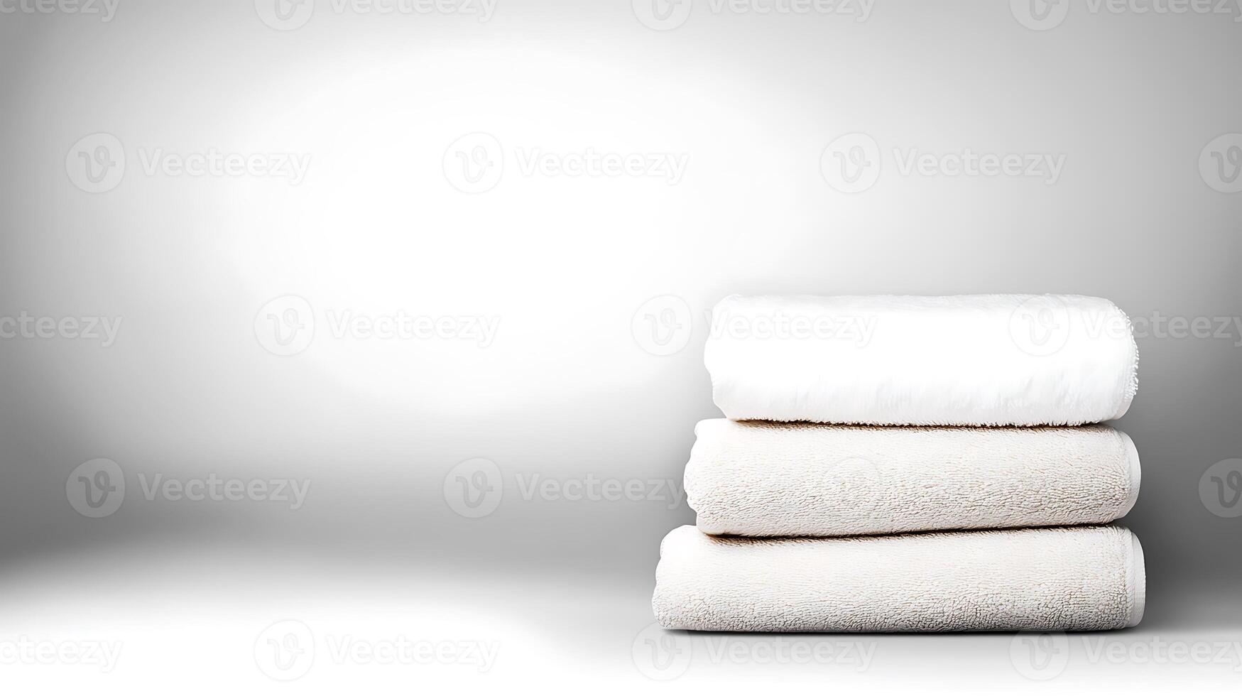 Stacked white and beige towels on a smooth gradient background, creating a minimalist aesthetic photo