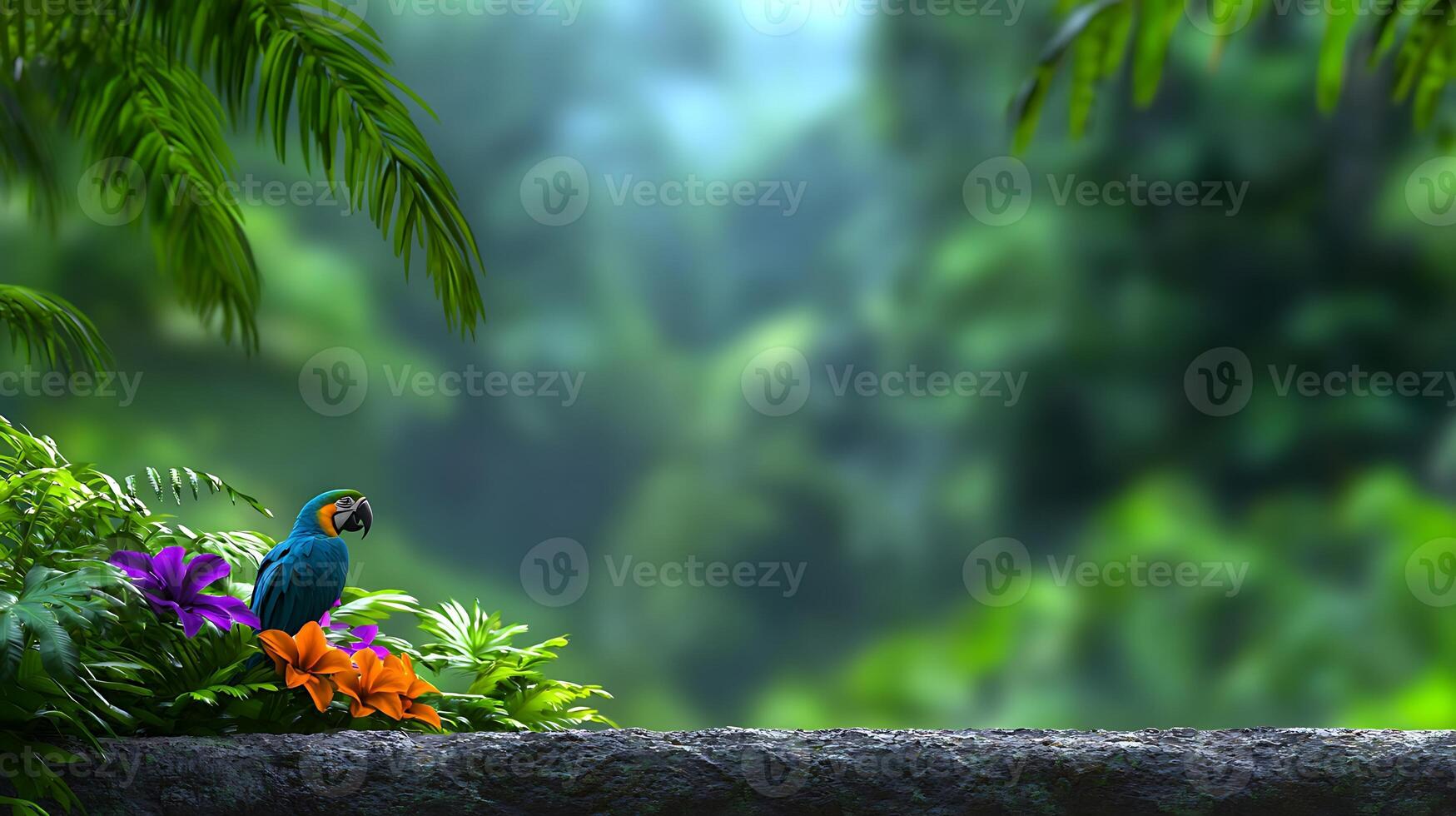 Vibrant parrot perched on a stone wall amidst lush tropical foliage and colorful flowers photo
