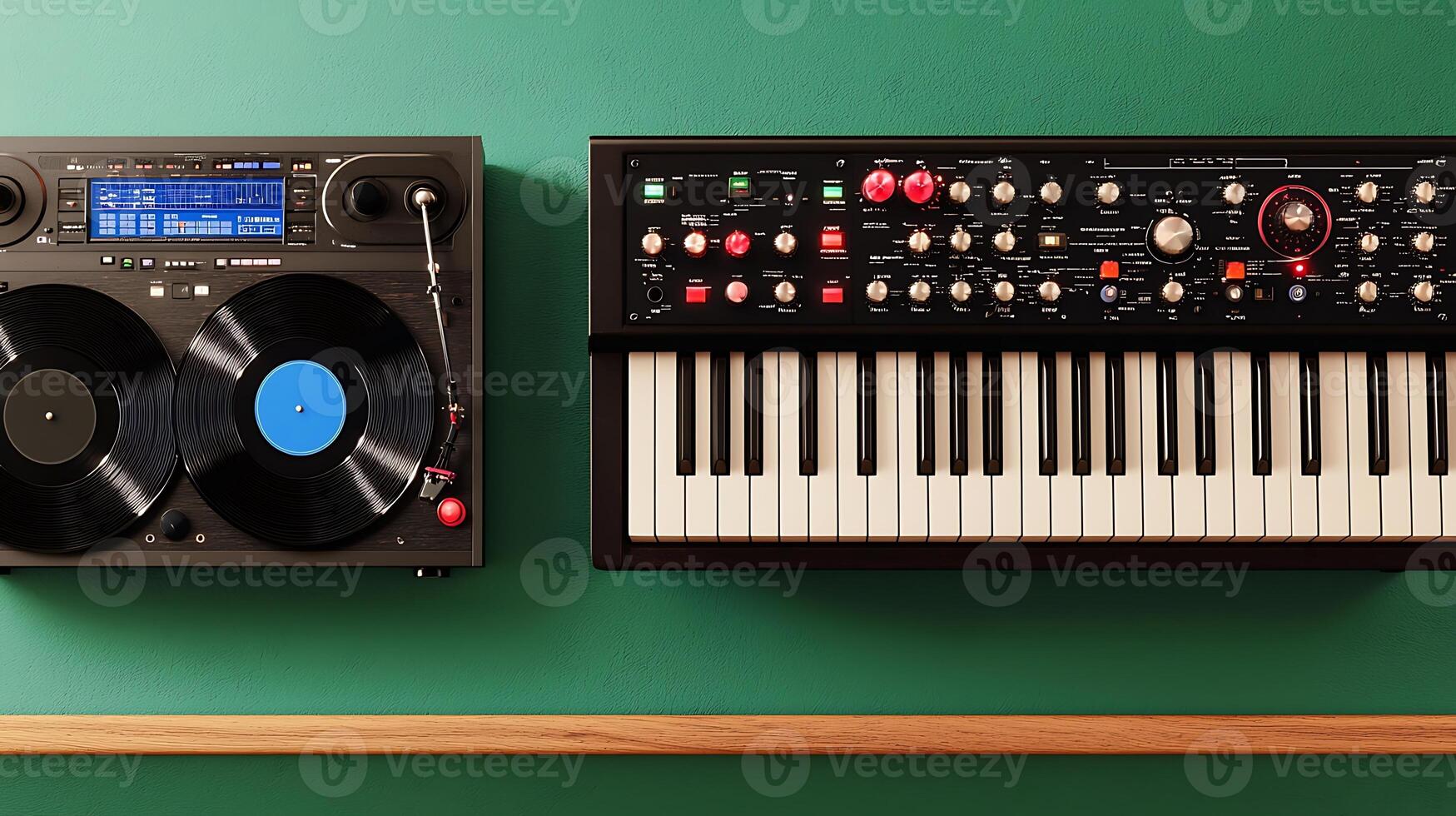 Vintage turntable and synthesizer on a green wall with wooden shelf, creating a musical vibe photo