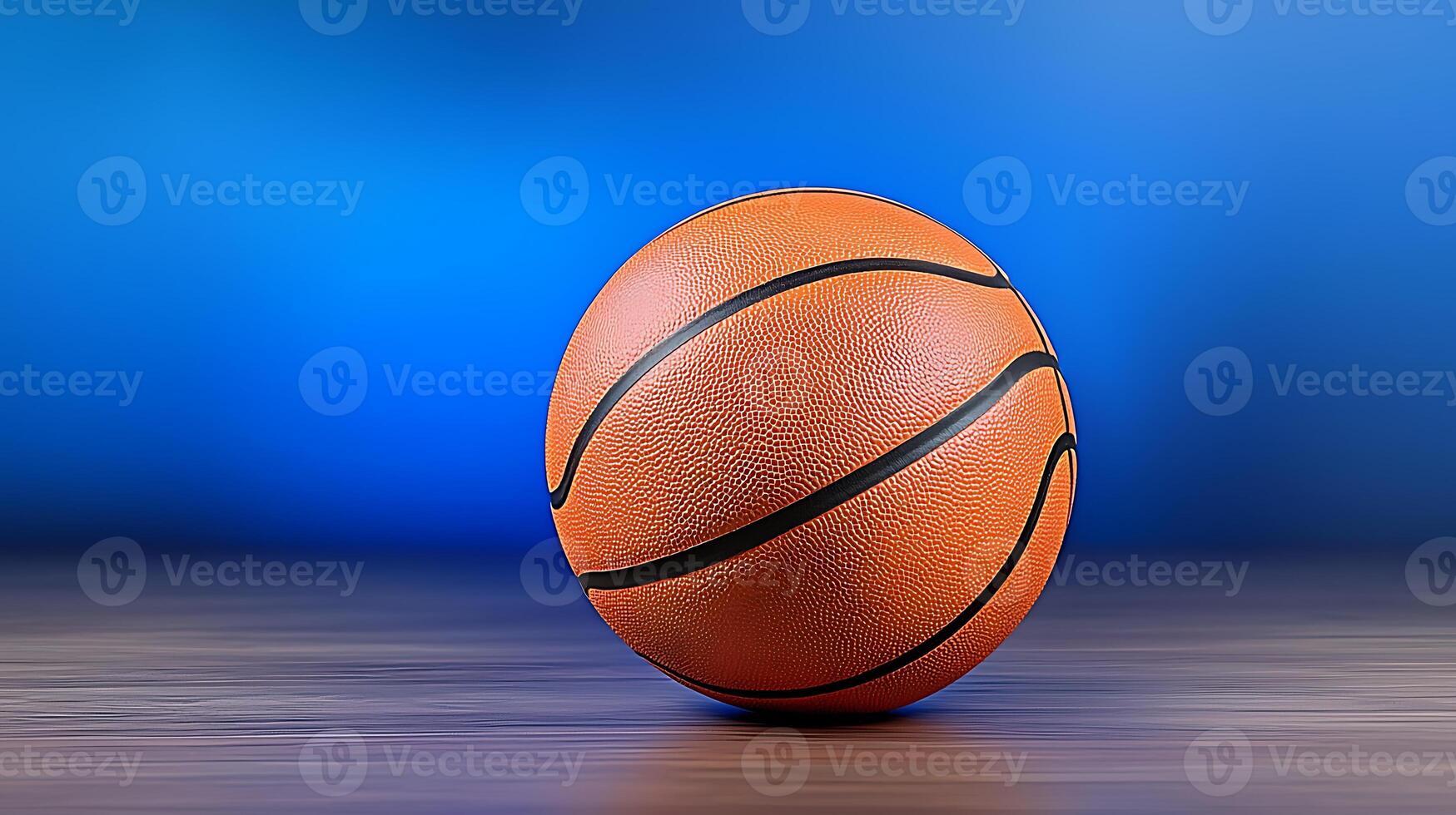 A close-up view of a basketball resting on a wooden surface with a blue gradient background photo