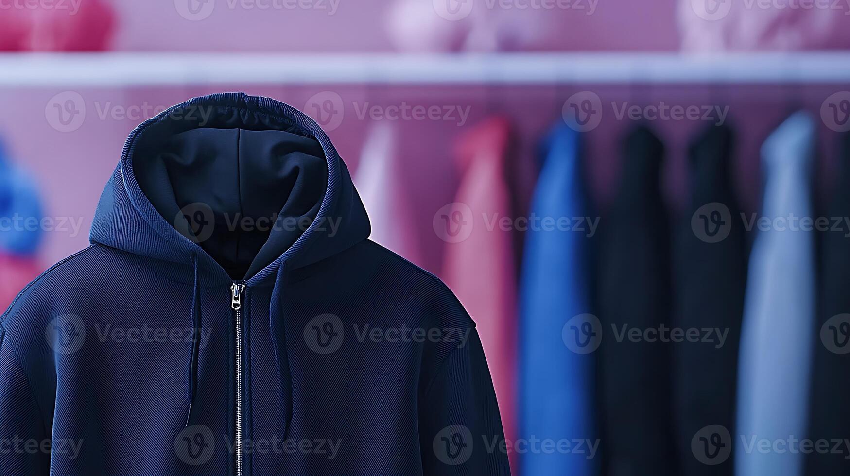 Stylish navy hoodie displayed prominently in a modern clothing store with colorful garments in background photo