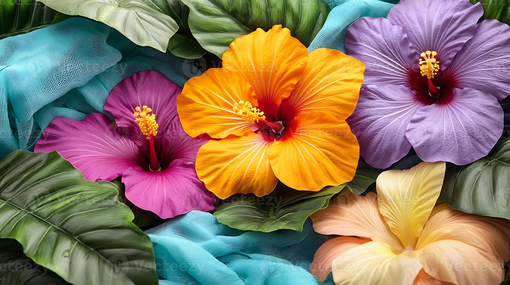 Vibrant arrangement of hibiscus flowers in various colors surrounded by lush green leaves photo