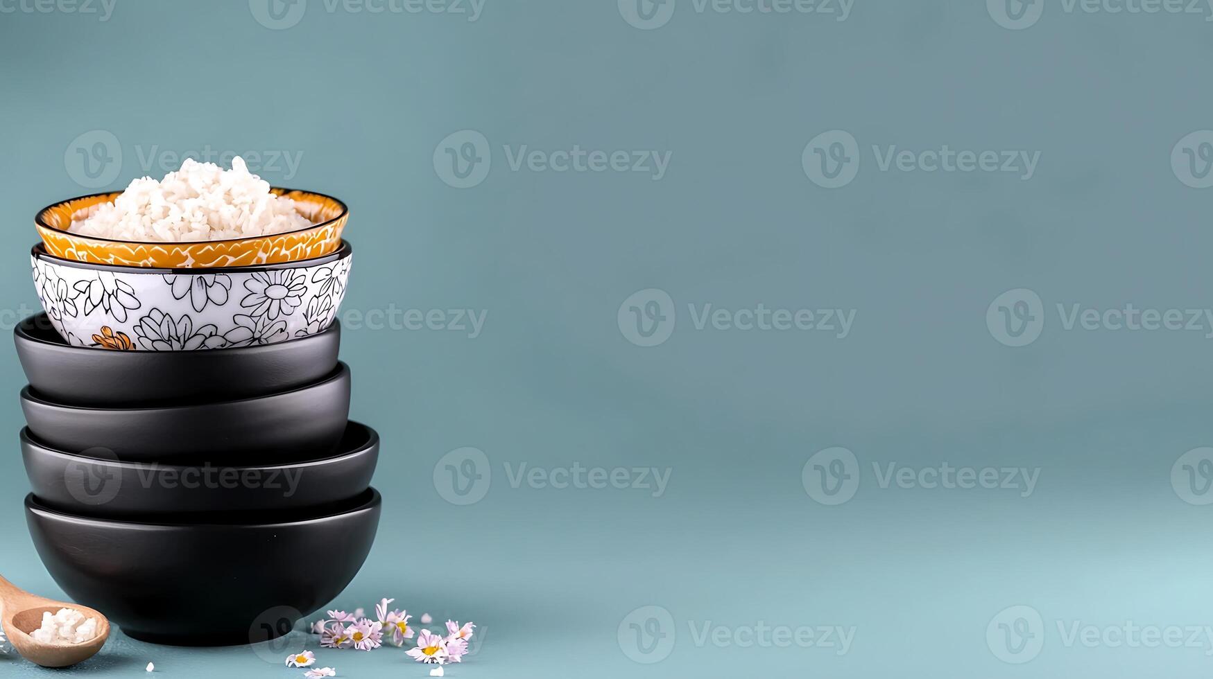 Stacked bowls of rice on a soft blue background with delicate flowers and a spoon nearby photo