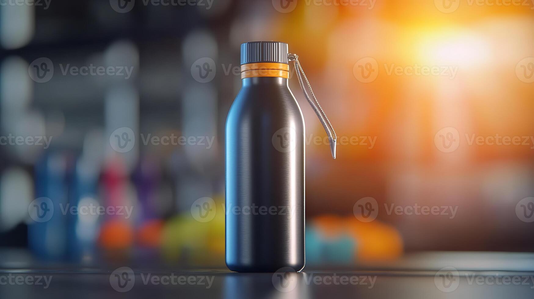 Sleek black water bottle on a table with colorful blurred background enhancing focus photo