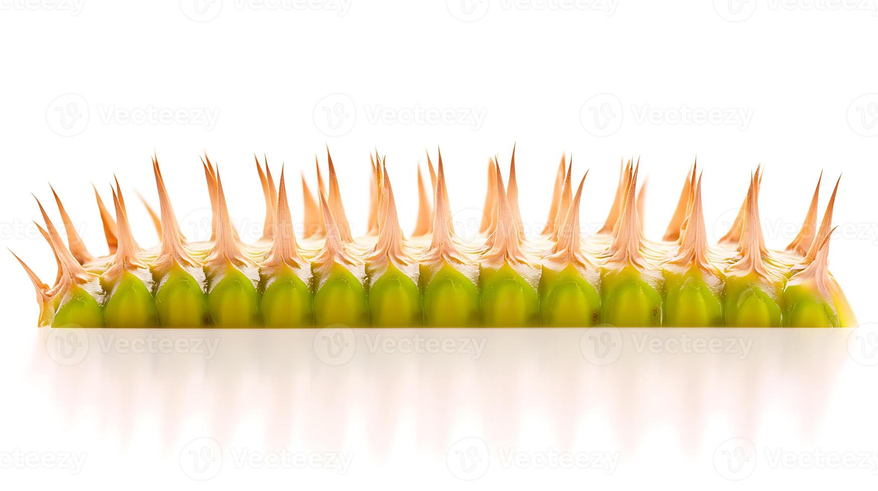 Close-up of vibrant green cactus spines arranged in a linear pattern against a white background photo
