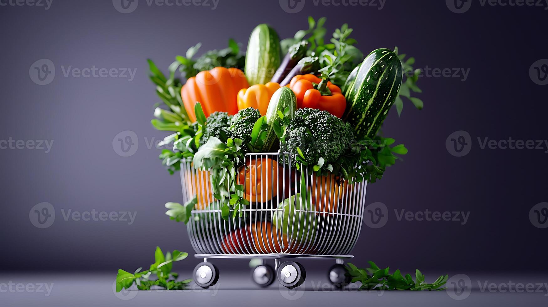 Vibrant assortment of fresh vegetables and herbs in a shopping cart against a neutral background photo
