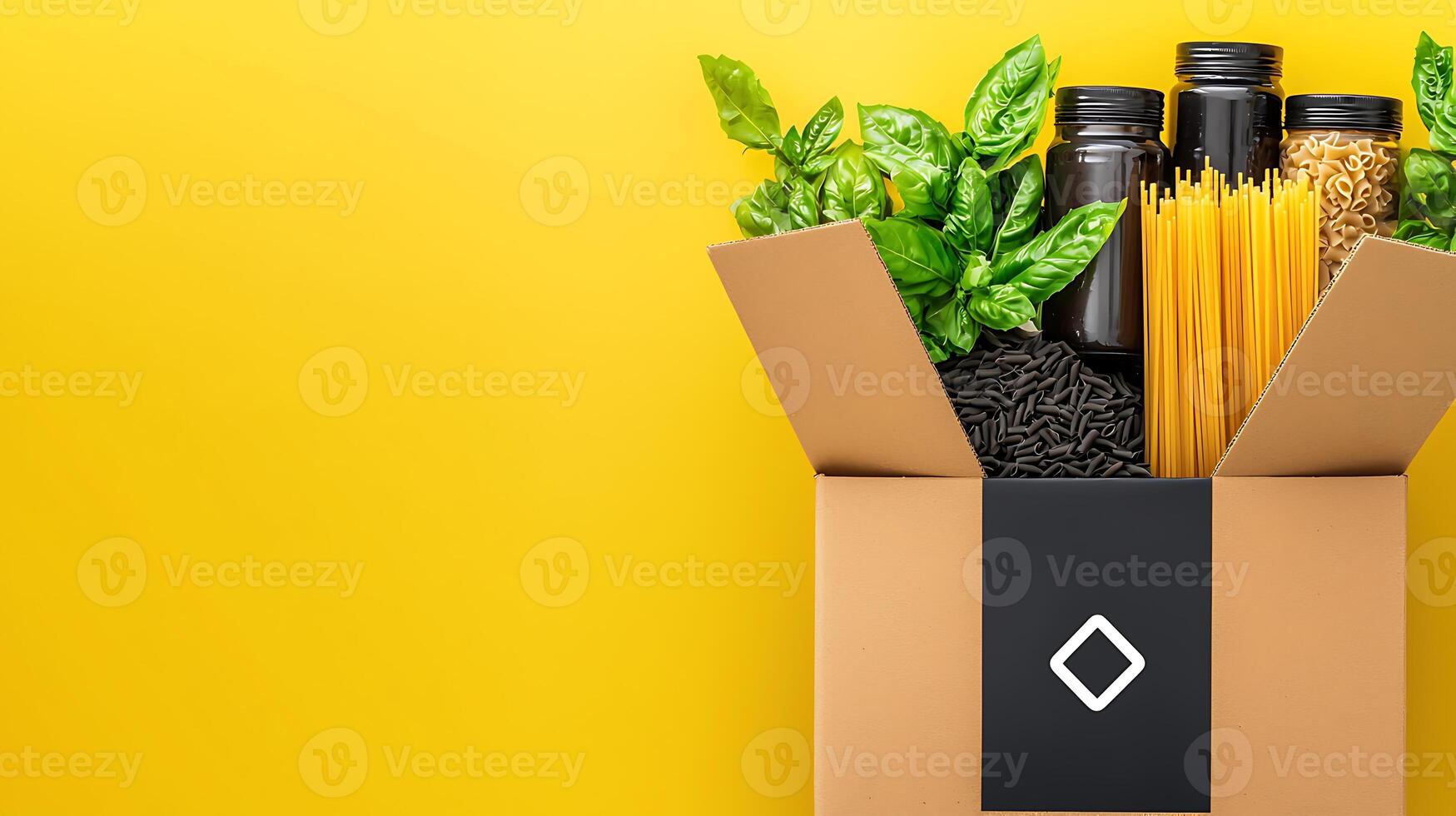 A cardboard box filled with pasta, spices, and fresh basil against a vibrant yellow background photo