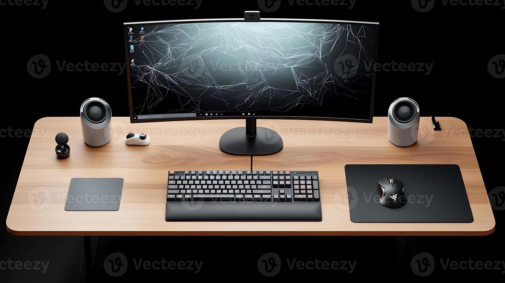 Modern workspace featuring a sleek monitor, keyboard, and speakers on a wooden desk with ambient lighting photo