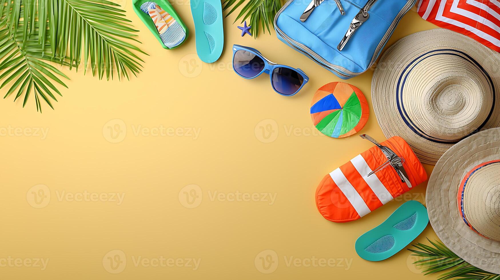 Colorful summer vacation essentials arranged on a bright background with tropical elements photo