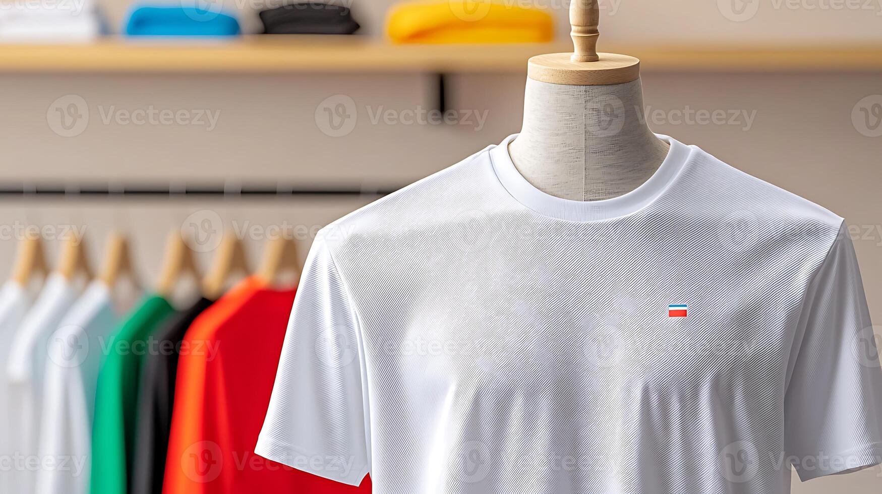 Display of colorful t-shirts on hangers with a focus on a white shirt in a retail setting photo
