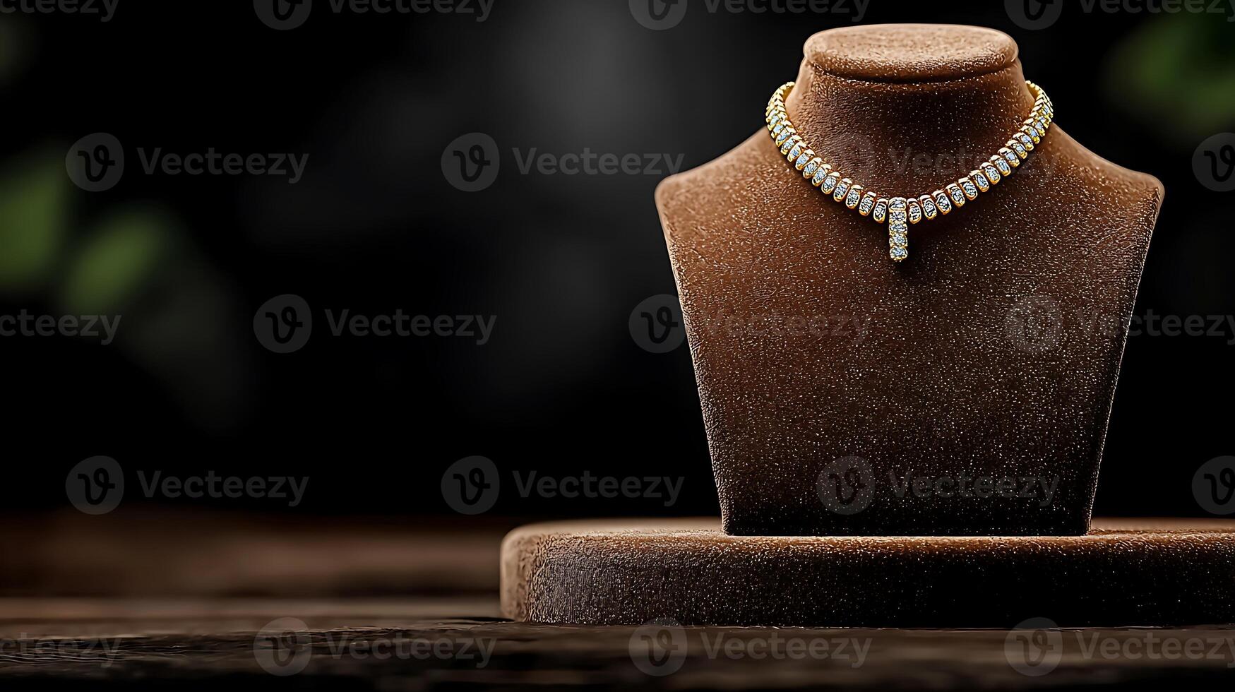 Elegant gold necklace displayed on a brown velvet bust against a dark background with soft lighting photo