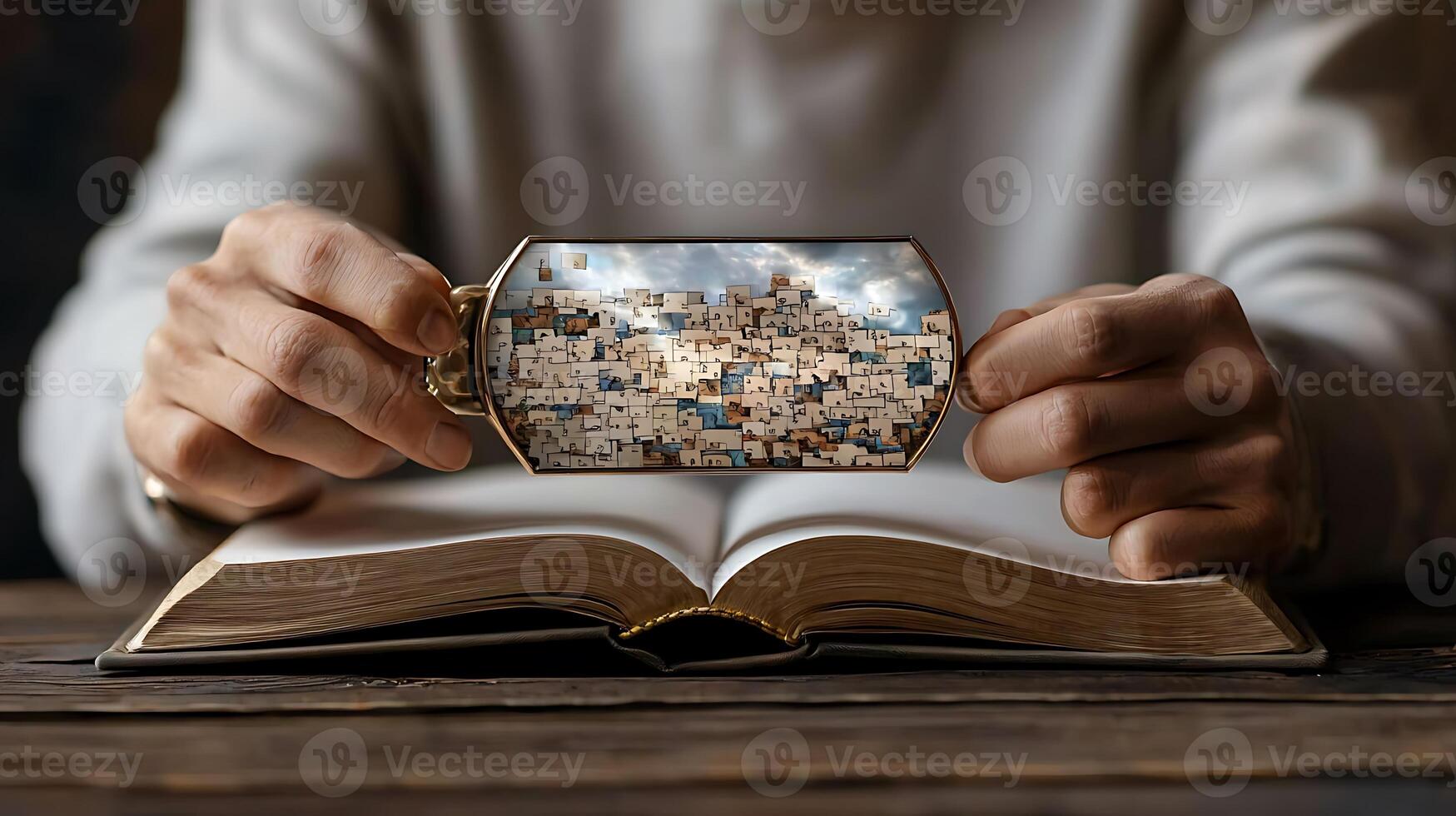 Person holding a unique frame showcasing a mosaic of images above an open book on a wooden table photo
