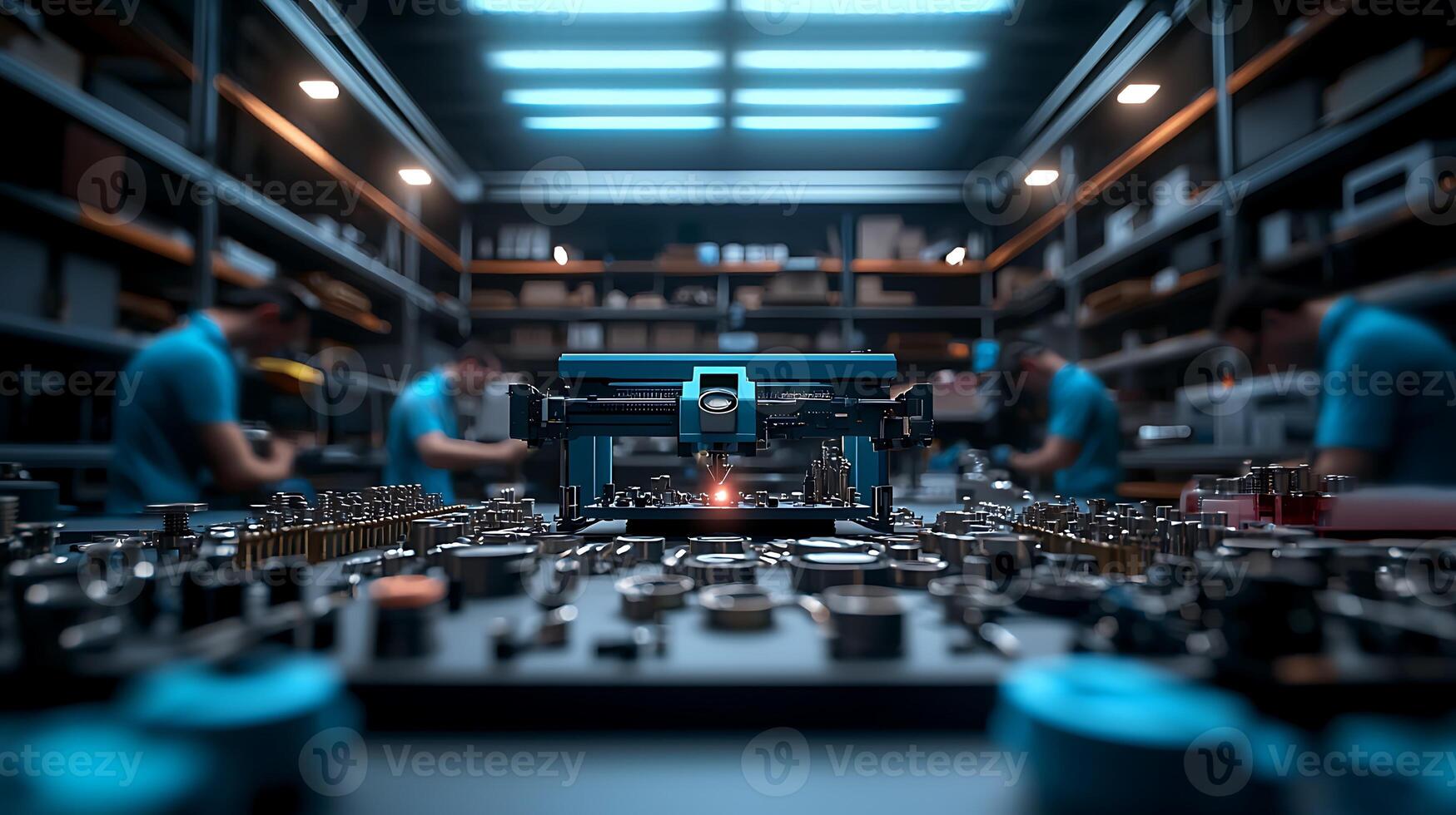 Close-up of advanced machinery in a workshop with technicians working on various components photo