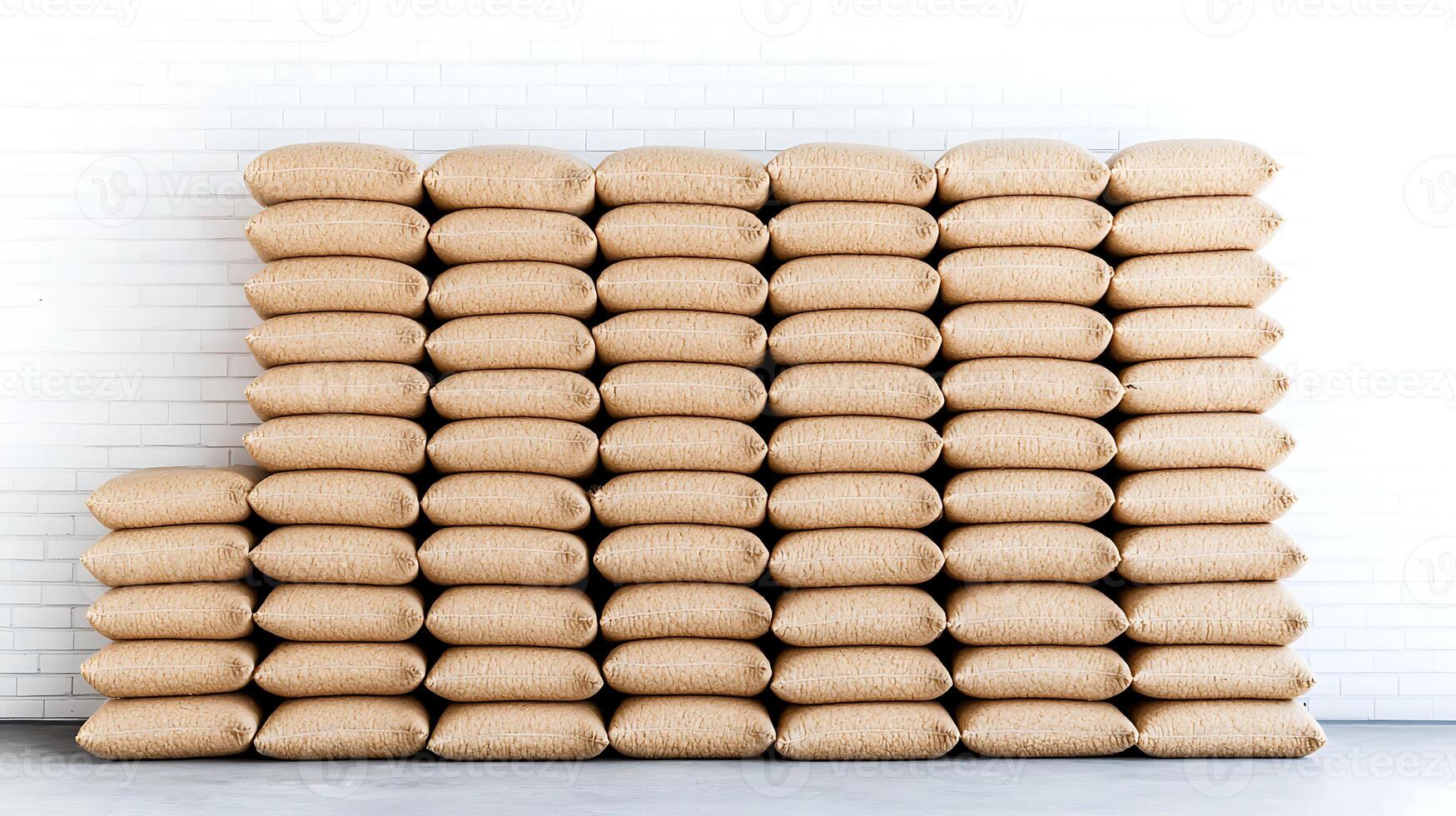 Stacked burlap sacks arranged neatly against a white brick wall in a warehouse setting photo
