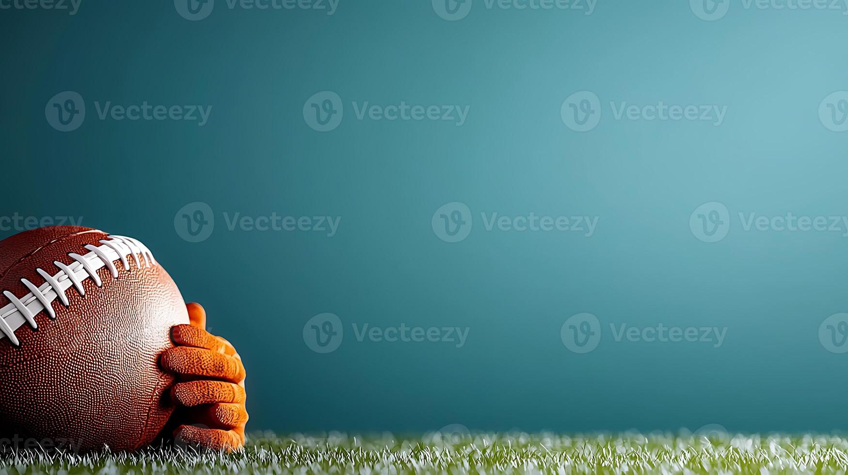 A close-up of a football cradled in an orange-gloved hand on a grassy field with a blue background photo